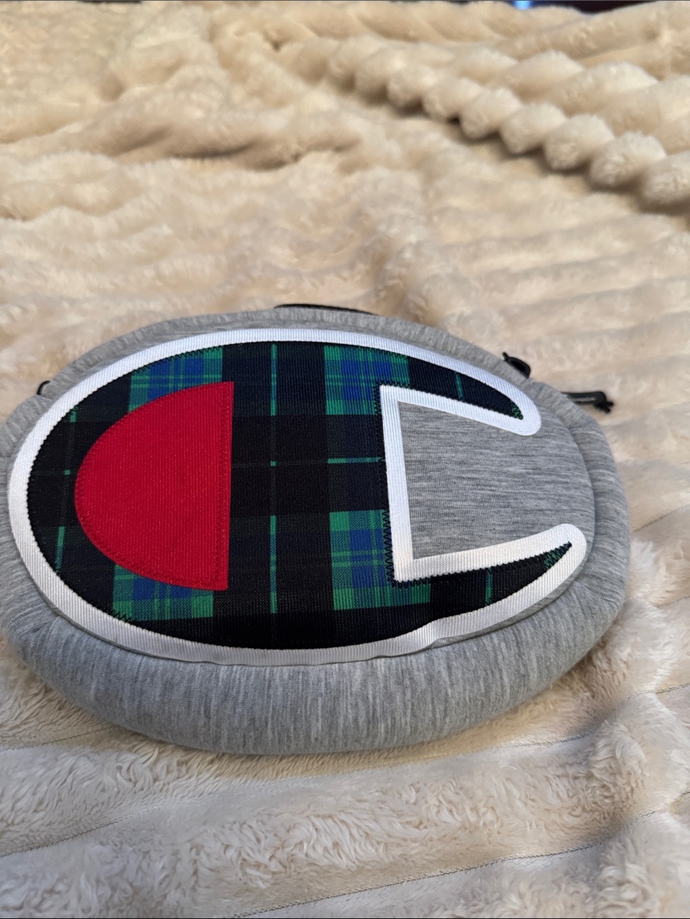 Kids Gray Plush Pouch with Plaid Accent and Red Detail